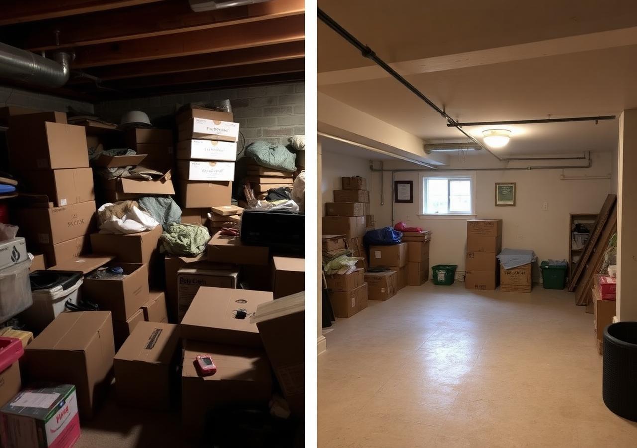 Basement cleanout before and after showing clutter removed and open space